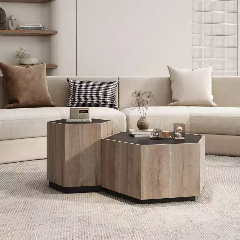 Retro Wood Coffee Table, Hexagonal Textured Black Warm Oak Corner Table with Drawer Storage Wood Center Circle Accent Table for Living Room, Bedroom