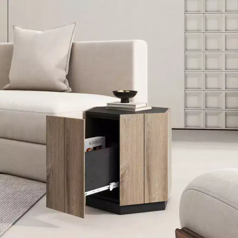 Retro Wood Coffee Table, Hexagonal Textured Black Warm Oak Corner Table with Drawer Storage Wood Center Circle Accent Table for Living Room, Bedroom