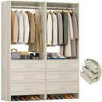 Besiost Closet Organizer System with Wooden Drawers, Freestanding Wardrobe with Hanging Rod