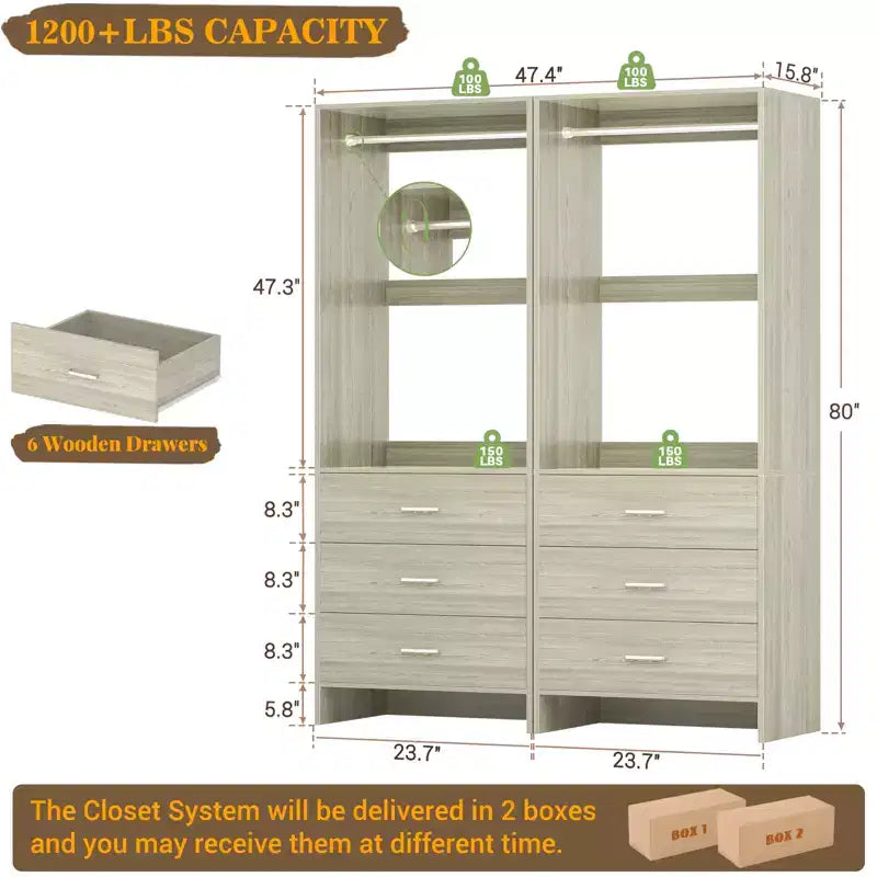 Besiost Closet Organizer System with Wooden Drawers, Freestanding Wardrobe with Hanging Rod