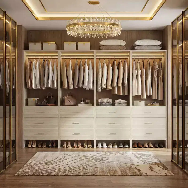 Besiost Closet Organizer System with Wooden Drawers, Freestanding Wardrobe with Hanging Rod