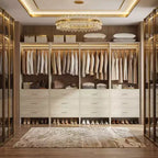 Besiost Closet Organizer System with Wooden Drawers, Freestanding Wardrobe with Hanging Rod