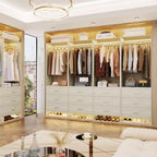 Besiost Closet Organizer System with Wooden Drawers, Freestanding Wardrobe with Hanging Rod