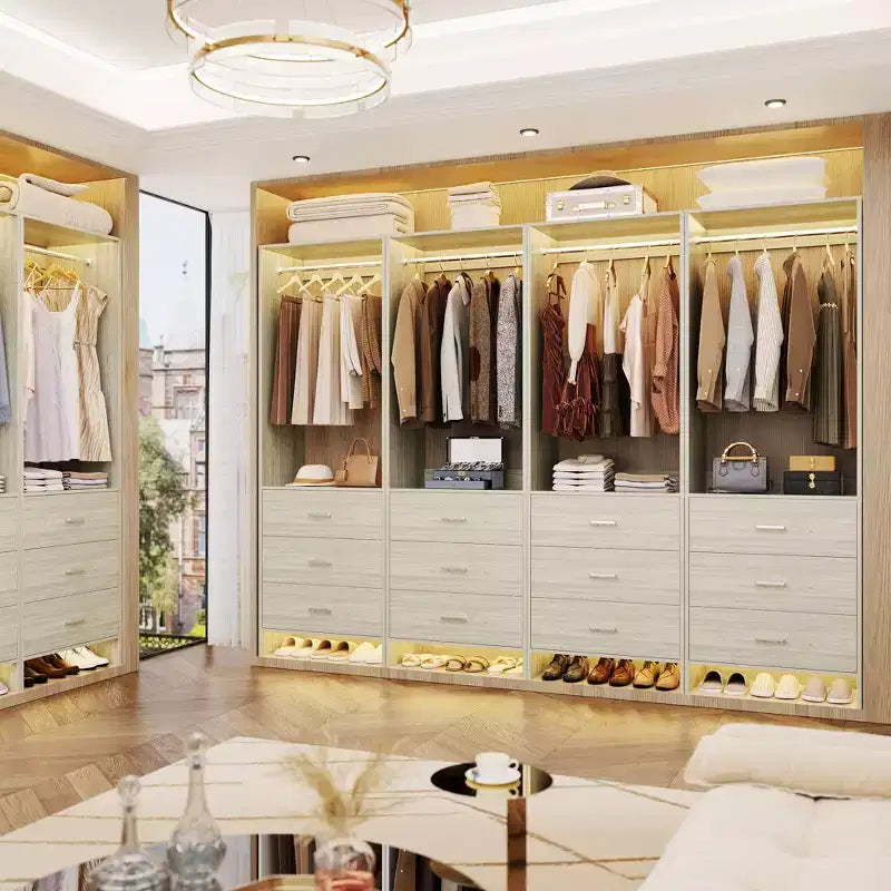 Besiost Closet Organizer System with Wooden Drawers, Freestanding Wardrobe with Hanging Rod