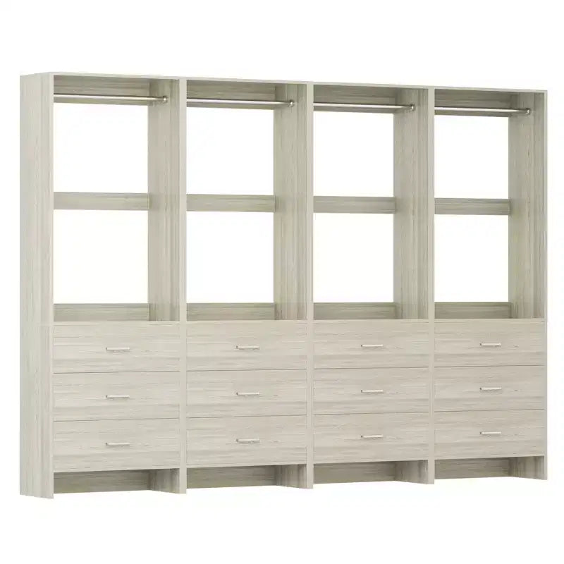 Besiost Closet Organizer System with Wooden Drawers, Freestanding Wardrobe with Hanging Rod