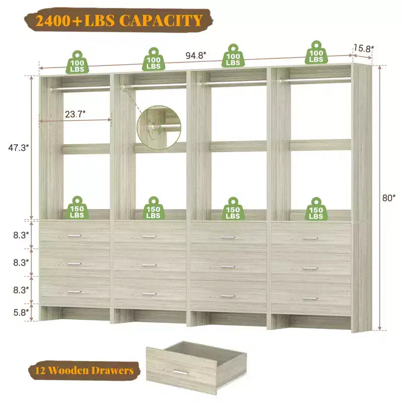 Besiost Closet Organizer System with Wooden Drawers, Freestanding Wardrobe with Hanging Rod