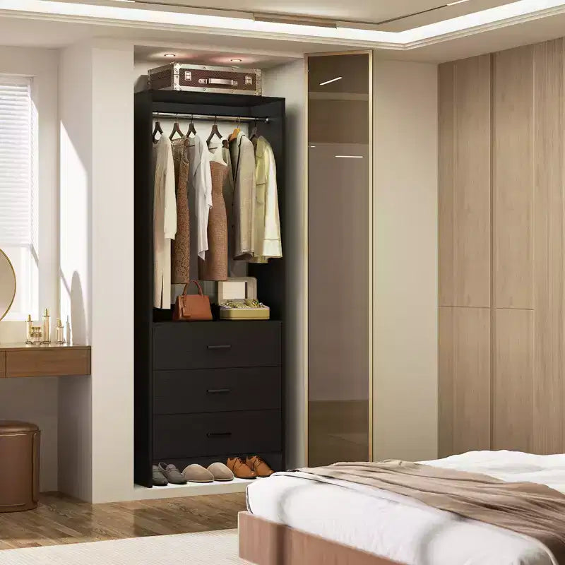 Besiost Closet Organizer System with Wooden Drawers, Freestanding Wardrobe with Hanging Rod