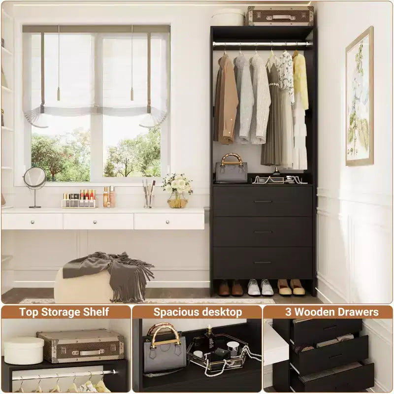 Besiost Closet Organizer System with Wooden Drawers, Freestanding Wardrobe with Hanging Rod