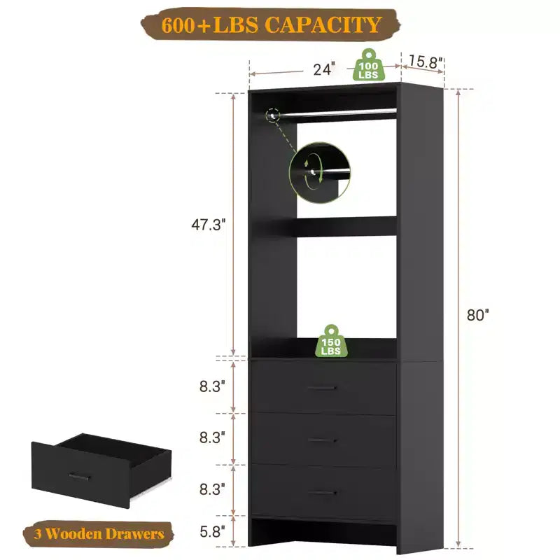 Besiost Closet Organizer System with Wooden Drawers, Freestanding Wardrobe with Hanging Rod