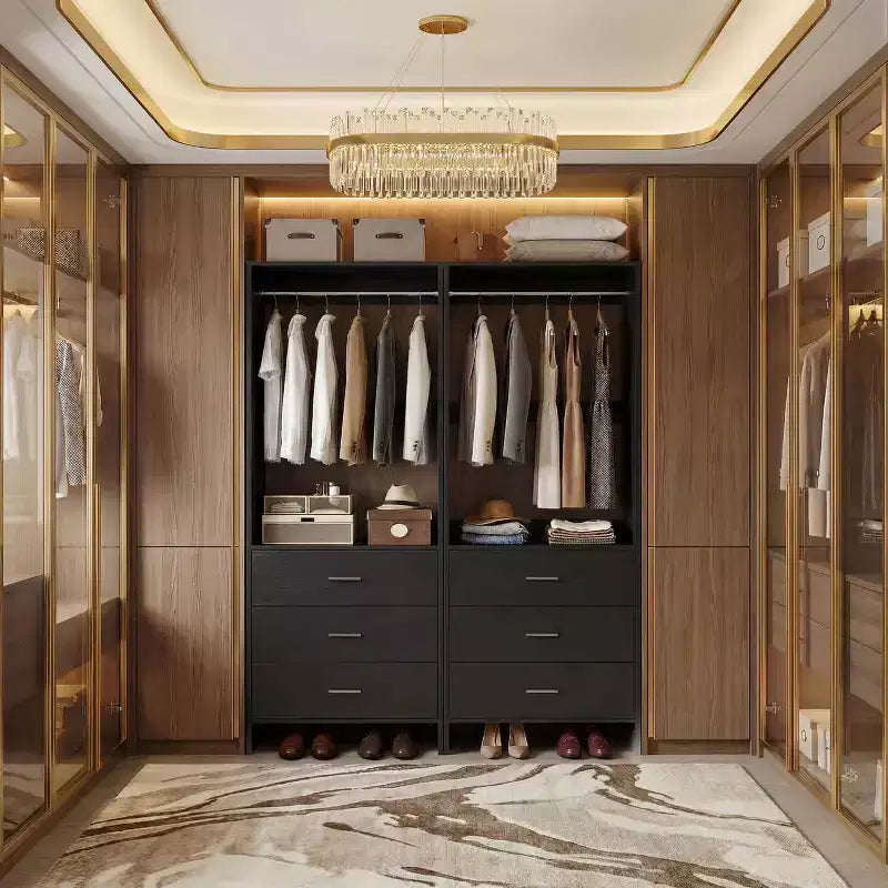 Besiost Closet Organizer System with Wooden Drawers, Freestanding Wardrobe with Hanging Rod