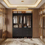 Besiost Closet Organizer System with Wooden Drawers, Freestanding Wardrobe with Hanging Rod