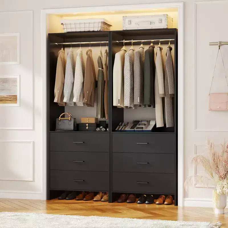 Besiost Closet Organizer System with Wooden Drawers, Freestanding Wardrobe with Hanging Rod