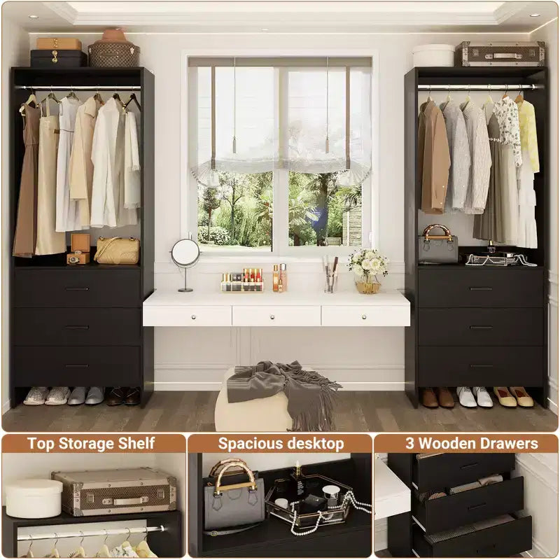 Besiost Closet Organizer System with Wooden Drawers, Freestanding Wardrobe with Hanging Rod