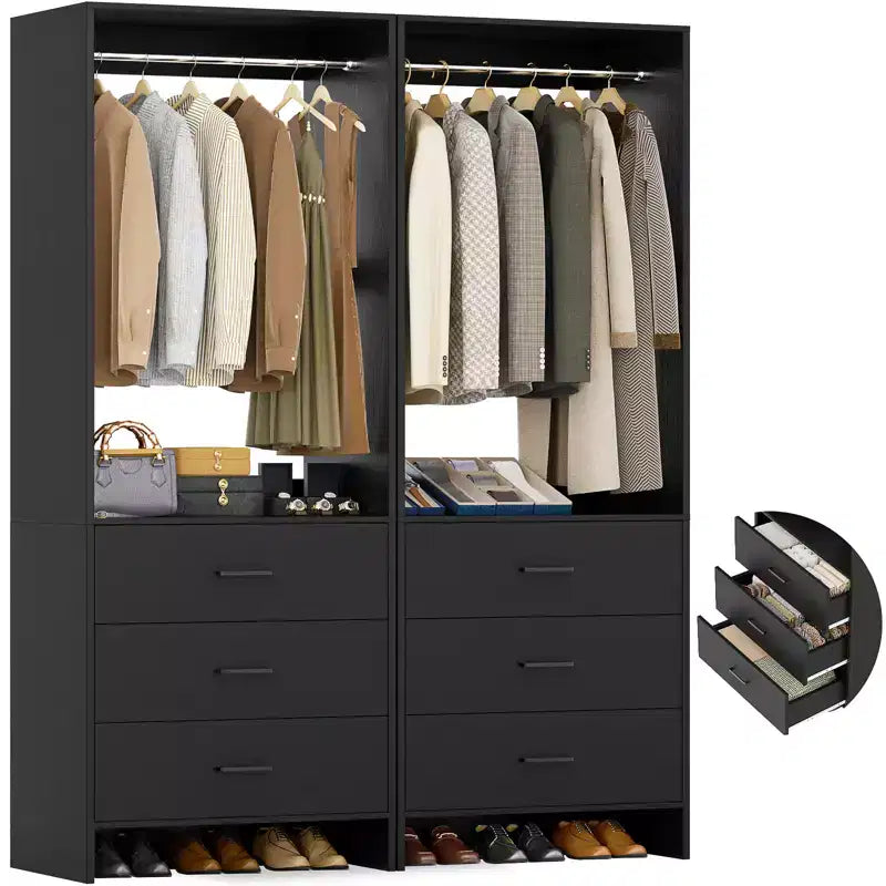 Besiost Closet Organizer System with Wooden Drawers, Freestanding Wardrobe with Hanging Rod