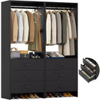 Besiost Closet Organizer System with Wooden Drawers, Freestanding Wardrobe with Hanging Rod