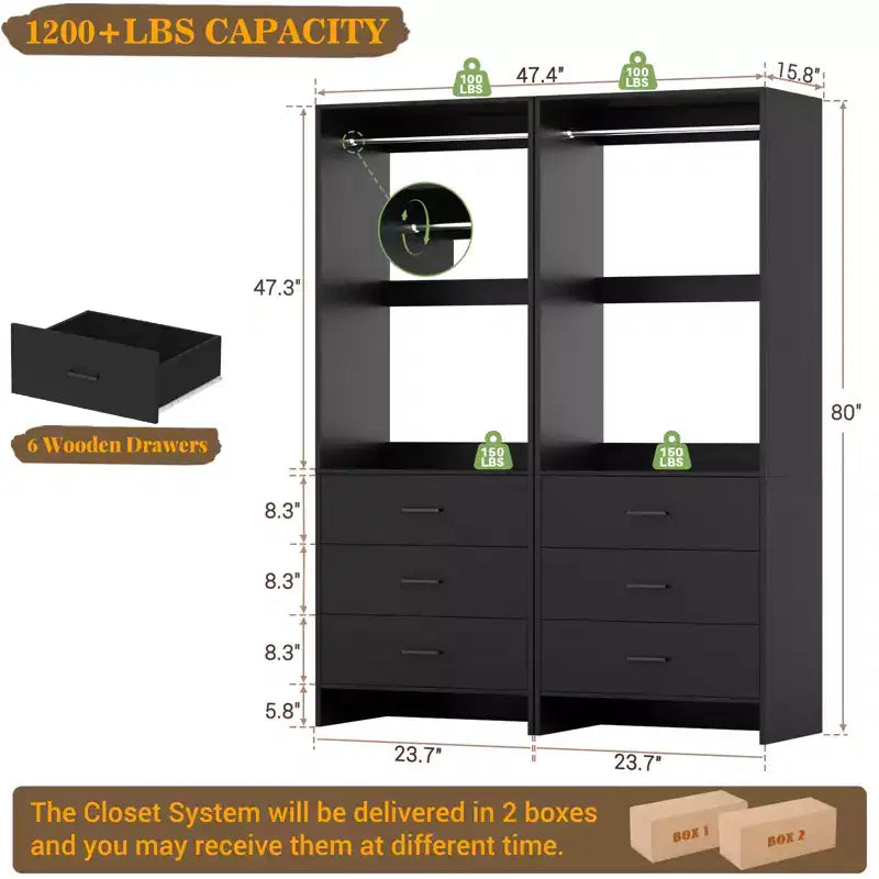 Besiost Closet Organizer System with Wooden Drawers, Freestanding Wardrobe with Hanging Rod