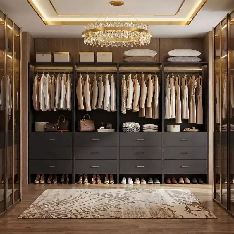 Besiost Closet Organizer System with Wooden Drawers, Freestanding Wardrobe with Hanging Rod