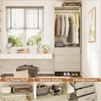 Besiost Closet Organizer System with Wooden Drawers, Freestanding Wardrobe with Hanging Rod