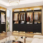 Besiost Closet Organizer System with Wooden Drawers, Freestanding Wardrobe with Hanging Rod