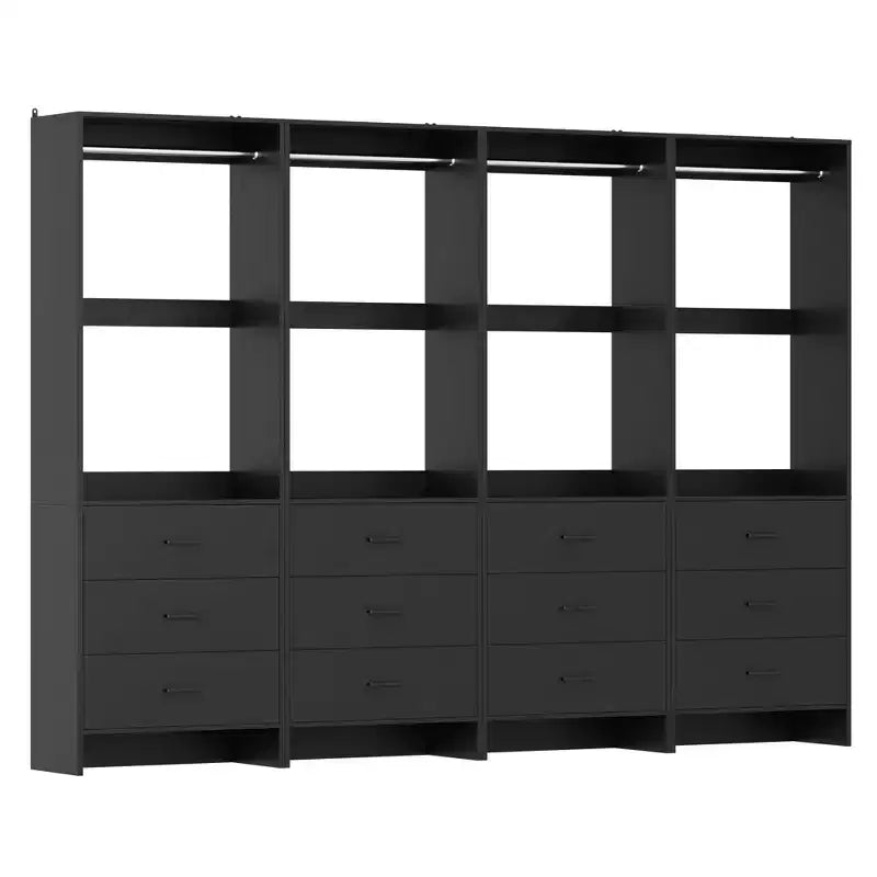 Besiost Closet Organizer System with Wooden Drawers, Freestanding Wardrobe with Hanging Rod