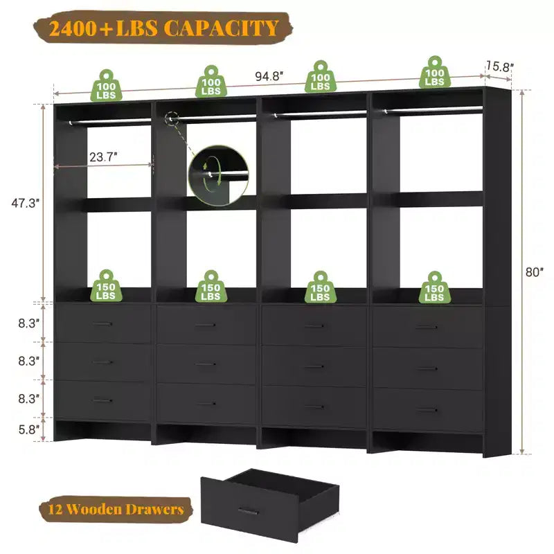 Besiost Closet Organizer System with Wooden Drawers, Freestanding Wardrobe with Hanging Rod