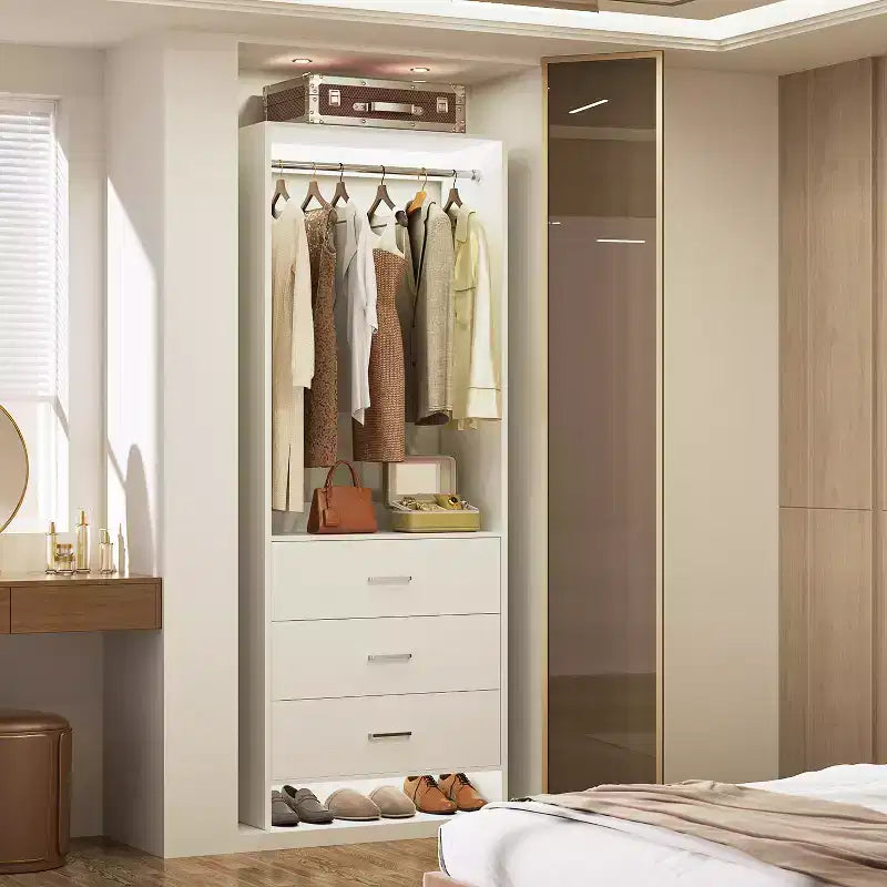 Besiost Closet Organizer System with Wooden Drawers, Freestanding Wardrobe with Hanging Rod