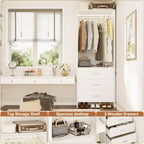 Besiost Closet Organizer System with Wooden Drawers, Freestanding Wardrobe with Hanging Rod