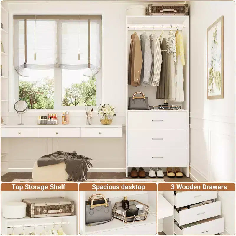 Besiost Closet Organizer System with Wooden Drawers, Freestanding Wardrobe with Hanging Rod