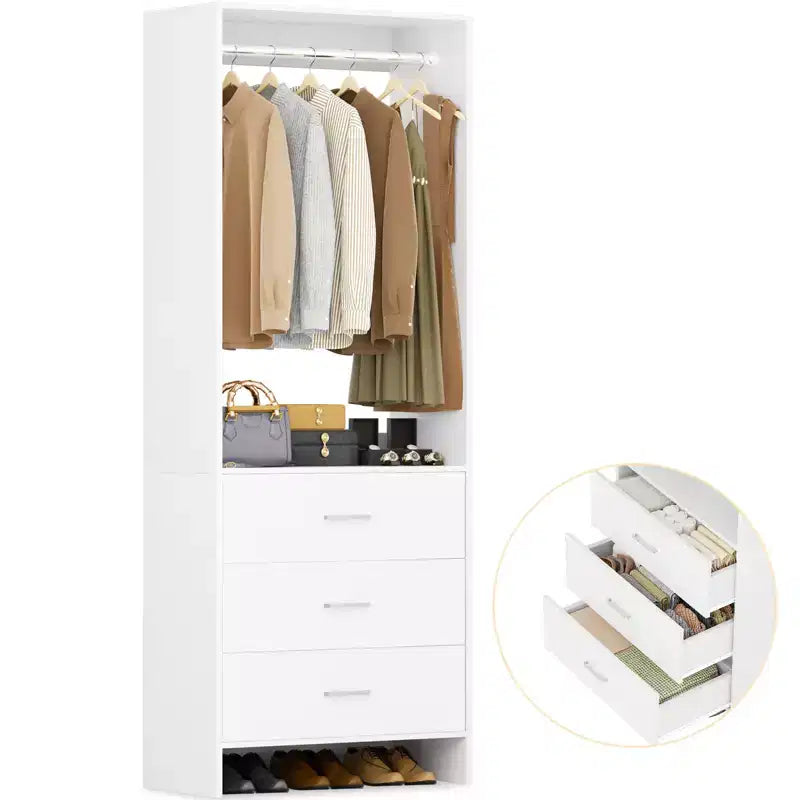Besiost Closet Organizer System with Wooden Drawers, Freestanding Wardrobe with Hanging Rod