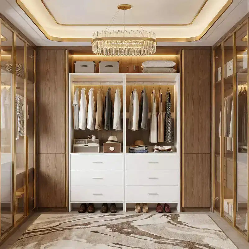 Besiost Closet Organizer System with Wooden Drawers, Freestanding Wardrobe with Hanging Rod