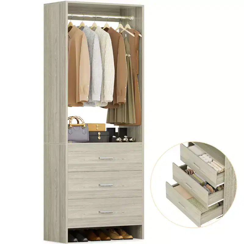 Besiost Closet Organizer System with Wooden Drawers, Freestanding Wardrobe with Hanging Rod