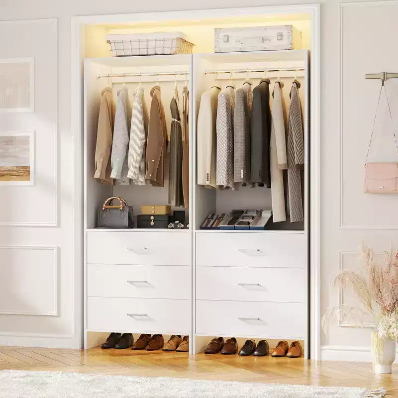 Besiost Closet Organizer System with Wooden Drawers, Freestanding Wardrobe with Hanging Rod