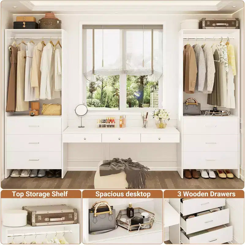 Besiost Closet Organizer System with Wooden Drawers, Freestanding Wardrobe with Hanging Rod