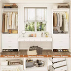 Besiost Closet Organizer System with Wooden Drawers, Freestanding Wardrobe with Hanging Rod