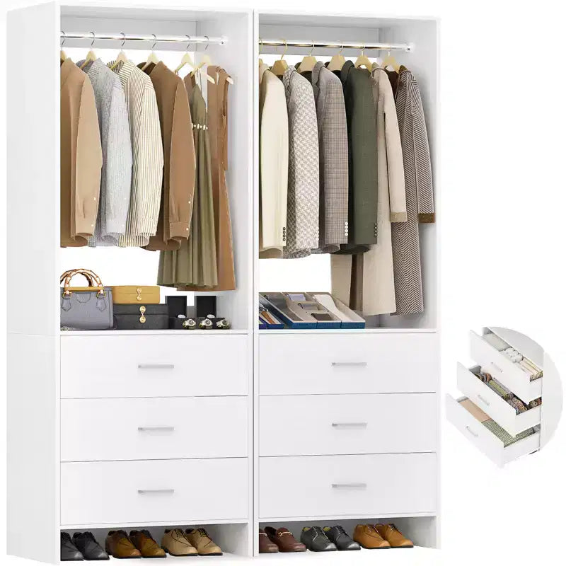 Besiost Closet Organizer System with Wooden Drawers, Freestanding Wardrobe with Hanging Rod