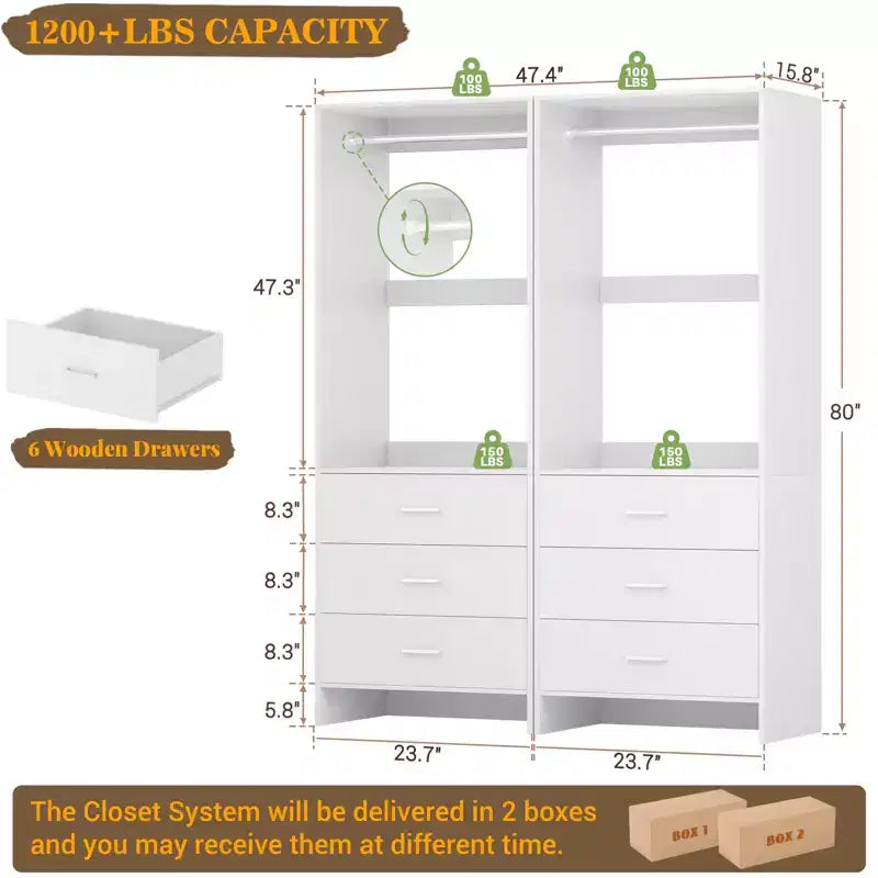 Besiost Closet Organizer System with Wooden Drawers, Freestanding Wardrobe with Hanging Rod