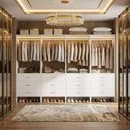 Besiost Closet Organizer System with Wooden Drawers, Freestanding Wardrobe with Hanging Rod