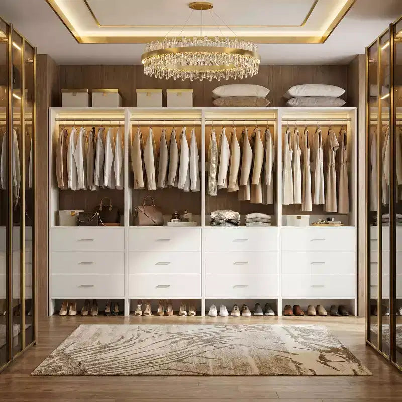 Besiost Closet Organizer System with Wooden Drawers, Freestanding Wardrobe with Hanging Rod
