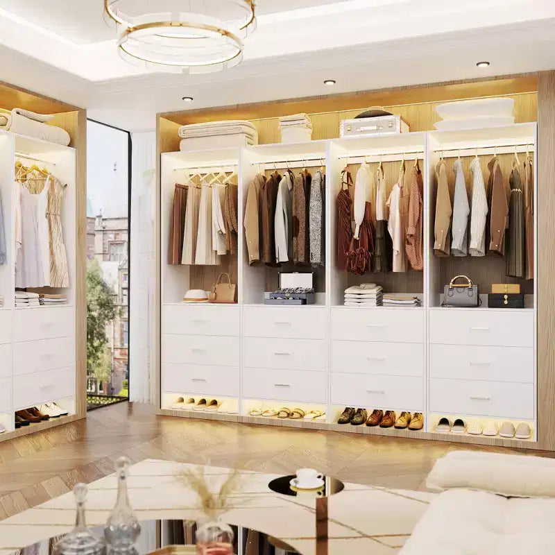 Besiost Closet Organizer System with Wooden Drawers, Freestanding Wardrobe with Hanging Rod