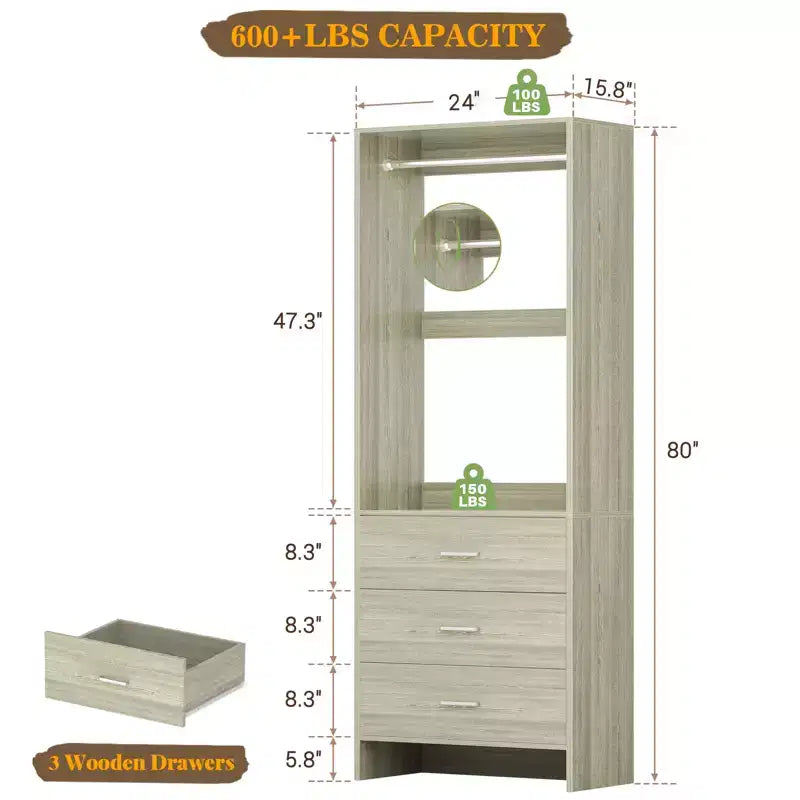 Besiost Closet Organizer System with Wooden Drawers, Freestanding Wardrobe with Hanging Rod