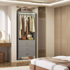 Besiost Closet Organizer System with Wooden Drawers, Freestanding Wardrobe with Hanging Rod