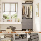 Besiost Closet Organizer System with Wooden Drawers, Freestanding Wardrobe with Hanging Rod
