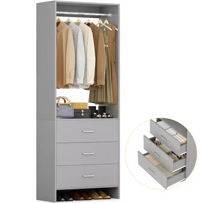 Besiost Closet Organizer System with Wooden Drawers, Freestanding Wardrobe with Hanging Rod
