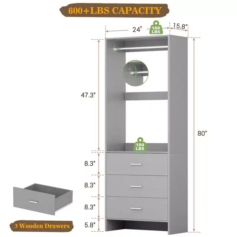 Besiost Closet Organizer System with Wooden Drawers, Freestanding Wardrobe with Hanging Rod