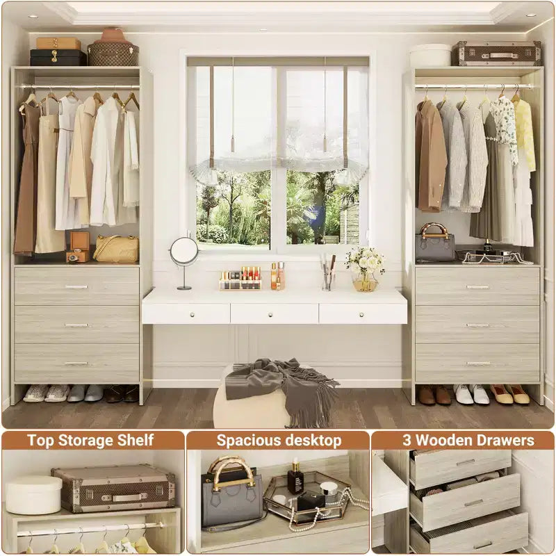 Besiost Closet Organizer System with Wooden Drawers, Freestanding Wardrobe with Hanging Rod