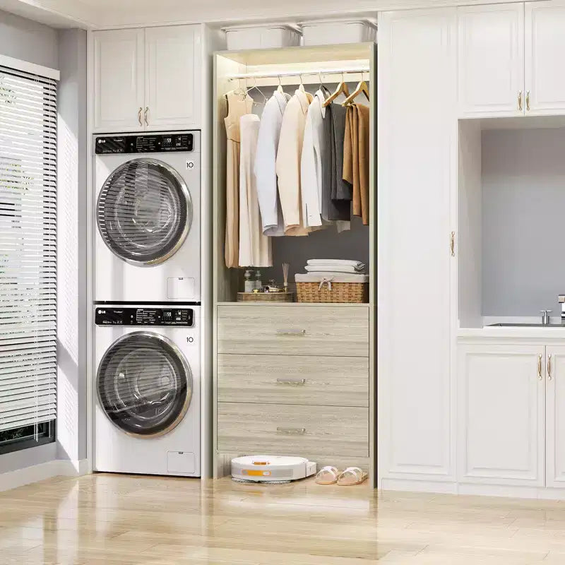 Besiost Closet Organizer System with Wooden Drawers, Freestanding Wardrobe with Hanging Rod