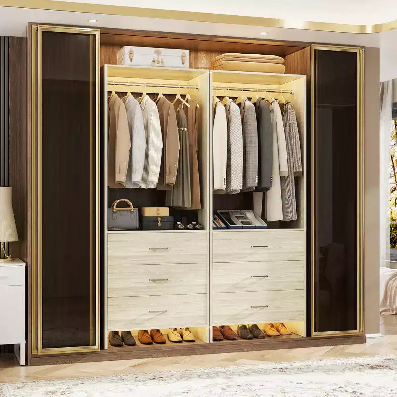 Besiost Closet Organizer System with Wooden Drawers, Freestanding Wardrobe with Hanging Rod