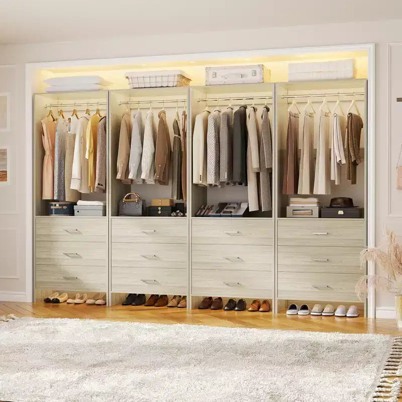 Besiost Closet Organizer System with Wooden Drawers, Freestanding Wardrobe with Hanging Rod