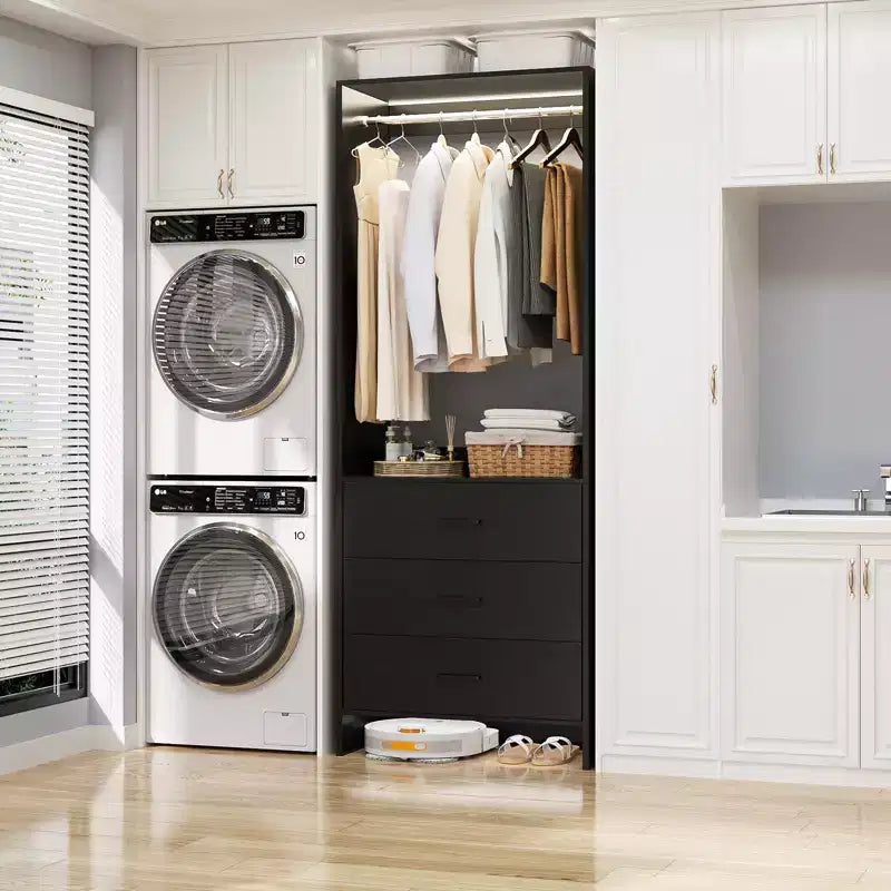 Besiost Closet Organizer System with Wooden Drawers, Freestanding Wardrobe with Hanging Rod