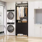 Besiost Closet Organizer System with Wooden Drawers, Freestanding Wardrobe with Hanging Rod